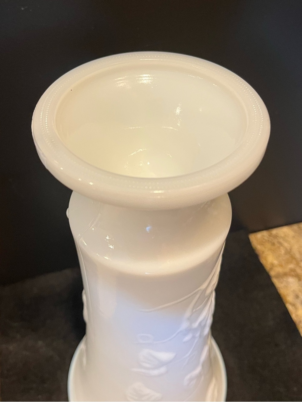 Classic White Embossed Milk Glass Vase Ivy Leaf Pattern - Picture 8 of 15